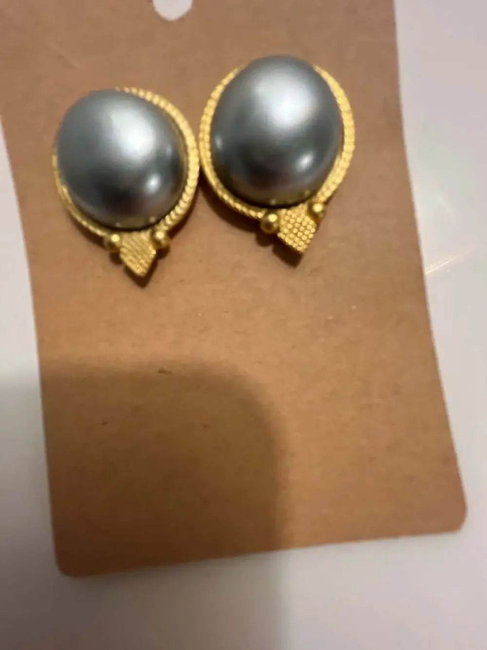 Vintage Nolan Miller Faux Gray Pearl Gold Tone Stud Earrings